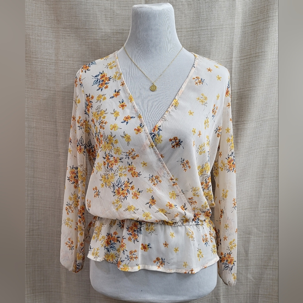 Meraki Womens Sheer Floral Blouse Ivory Orange Yellow Long Sleeve V Neck Size Sm